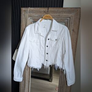 Hidden Jeans white denim fray hem trucker jacket. 